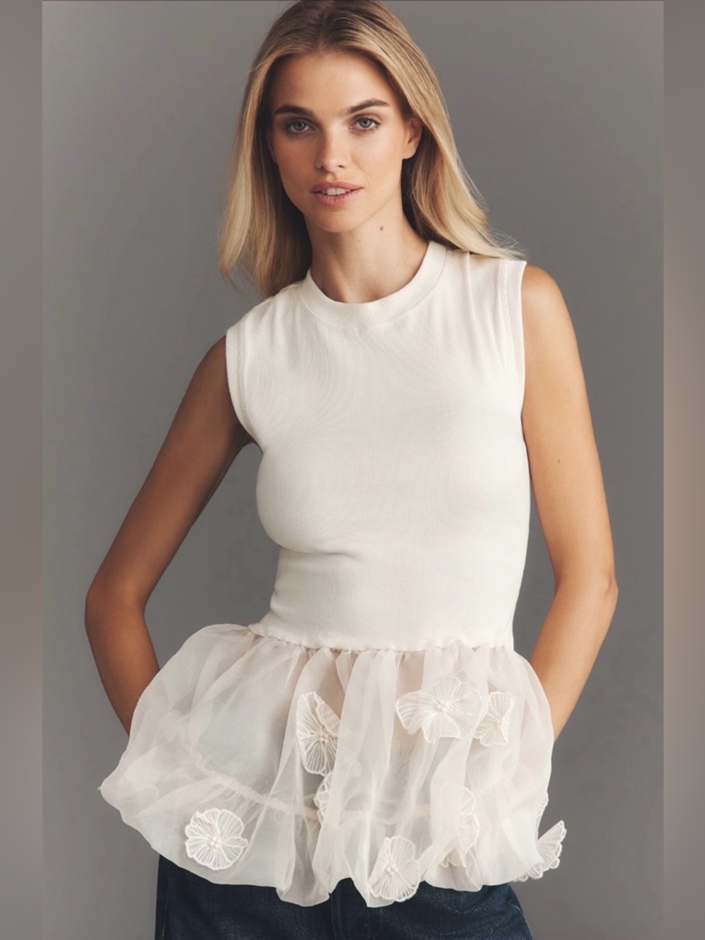By Anthropologie 3D Floral Peplum Top XS Eggnog Tulle Sleeveless NWT